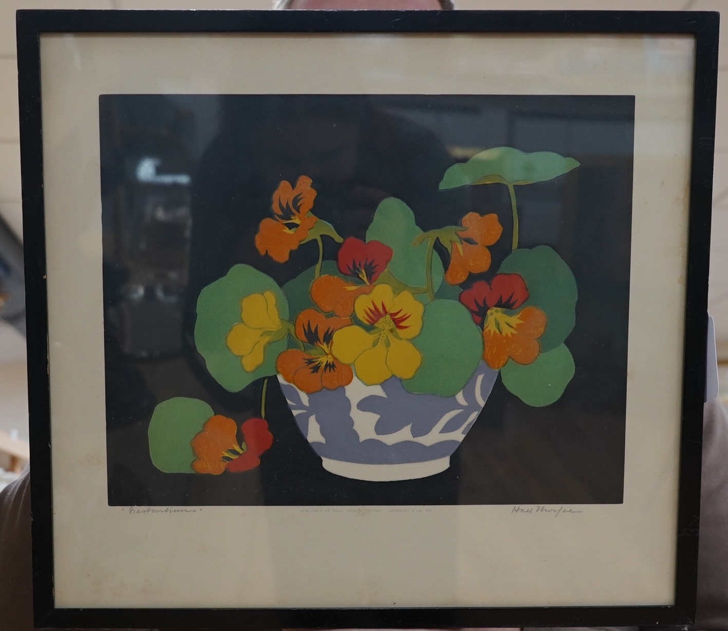 John Hall Thorpe (1874-1947), woodblock engraving, Nasturtiums, signed in pencil and published by Hall Thorpe, London, copyright USA 1922, 32 x 35cm. Condition - fair